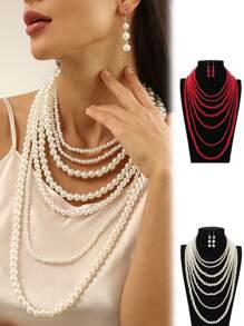3入組時尚豪華七層串珠項鍊和耳環珠寶套裝,適用於正式晚宴,情人節禮物 - 多層套裝 - 查看 1