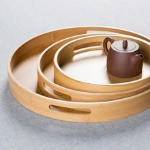 1 件装面包和甜点竹托盘创意双手柄圆形茶盘适用于家居装饰和零食、厨房、圣诞礼物 - 卡其色 - 查看 10