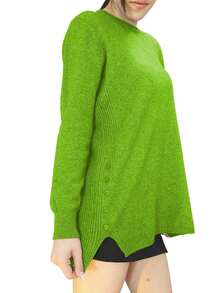 Jersei sueter con botones a laterales bajos, hombros caídos, cuello circular, diseño liso con rayas TALLA UNICA - Verde - Ver 3