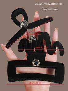 3 件裝女式大號天鵝絨波浪長方形十字發爪夾適用於高髻髮型復古毛絨髮飾套裝秋冬日常佩戴 - 黑色 - 查看 5