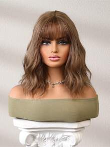 棕色 14 英寸短直鲍勃假发带刘海假发自然柔软合成纤维假发适合女士日常派对使用 - Light Brown - 查看 7