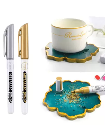 2/4pcs Metal Drawing Pen Set, Gold And Silver Acrylic Paint, Signature Greeting Card Pen, Wedding Accounting Pen, Diy Handbook Decoration Pen, Paint Pen Gold And Silver Metal Marker Pen, Suitable For DIY Crafts