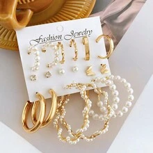 18入組別致的簡約時尚ins風格創意復古蝴蝶假珍珠c型耳環套裝,適用於女士約會派對日常通勤萬用聖誕和情人節禮品 - 彩色 - 查看 7