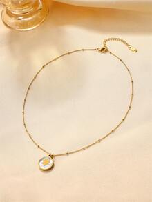 1pc Maillard Style Stainless Steel Tiger's Eye, Shell, Rose, Star Inlaid Pendant Clavicle Chain, Sweater Chain, Necklace For Women's Daily Wear - Gold - View 8