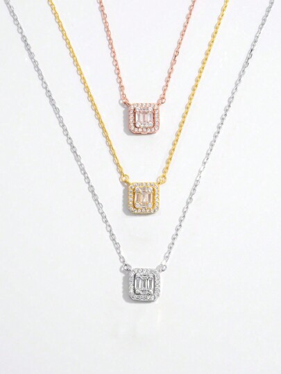 1pc Elegant And Fashionable Square Grid Pendant Crafted In 925 Silver And Adorned With Artificial Zirconia For Women's Dating, Wedding And Daily Wear, A Classic Romantic Piece That Enhances Outfits And Is A Great Accessory Gift