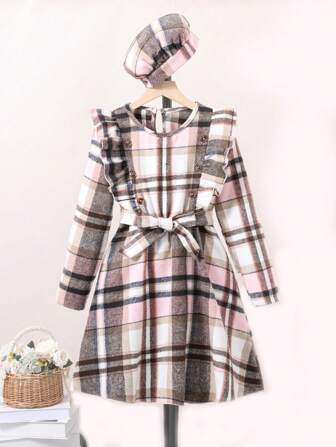 青少女甜美風格長袖蕾絲格紋裙