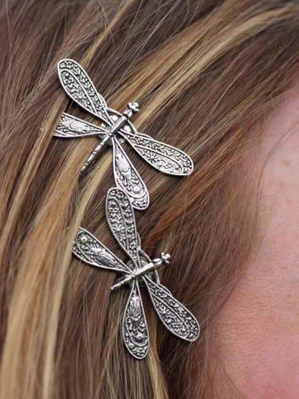 2pcs Women's Retro Silver Hair Slides Dragonfly Hair Clip Personalized Side Bangs Clip Daily Small Clip Boho,Y2k Hair Clips Claw Clips Hair Barrettes