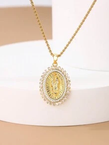 1pc Creative Oval Shaped Micro Inlaid Cubic Zirconia Virgin Mary Copper Pendant Simple Accessory Stainless Steel Necklace Suitable For Women Daily Wear - Yellow Gold - View 1