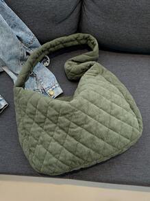 Large Capacity Solid Color Corduroy Shoulder Bag With Quilted Diamond Pattern, Foldable Fashionable Tote Bag For Women, Puffy Design Handbags, School Supplies, School Bag, School Handbag, School Tote Bag, School Bookbag, Back To School Bags, Waterproof, Lightweight, Portable, Classic Casual, Suitable For Teen Girls Women College Students, Perfect For Back To School, First Day Of School - Army Green - View 9