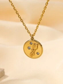 1pc Maillard Style Stainless Steel Tiger's Eye, Shell, Rose, Star Inlaid Pendant Clavicle Chain, Sweater Chain, Necklace For Women's Daily Wear - Gold - View 9