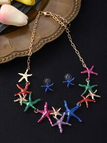 1 套/2 件波西米亞合金首飾套裝,搭配拼色海星琺瑯耳環和鏤空鎖骨項鍊,適合女士海灘個性化裝扮 - 星星 - 查看 4