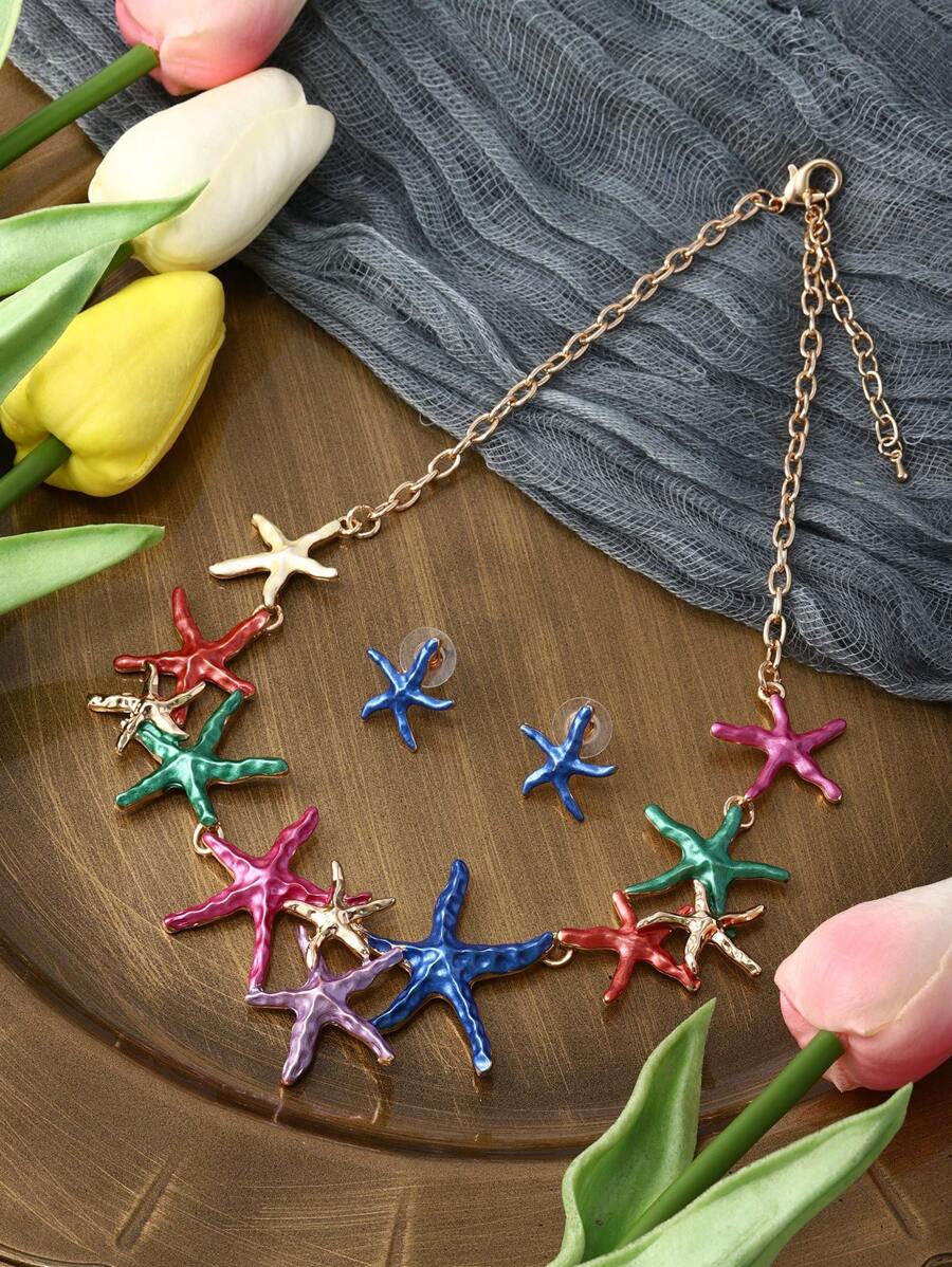 1 套/2 件波西米亞合金首飾套裝,搭配拼色海星琺瑯耳環和鏤空鎖骨項鍊,適合女士海灘個性化裝扮 - 星星 - 查看 1