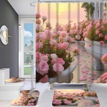 4pcs Romantic Rose Printed Bathroom Set, Including Waterproof Shower Curtain, Anti-Slip Floor Mat, Toilet Cover, Bathroom Mat And 12 Pieces Plastic Hooks, Bathroom Accessories, Home Decor - Pink - View 2