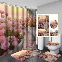 4pcs Romantic Rose Printed Bathroom Set, Including Waterproof Shower Curtain, Anti-Slip Floor Mat, Toilet Cover, Bathroom Mat And 12 Pieces Plastic Hooks, Bathroom Accessories, Home Decor - Pink - View 1