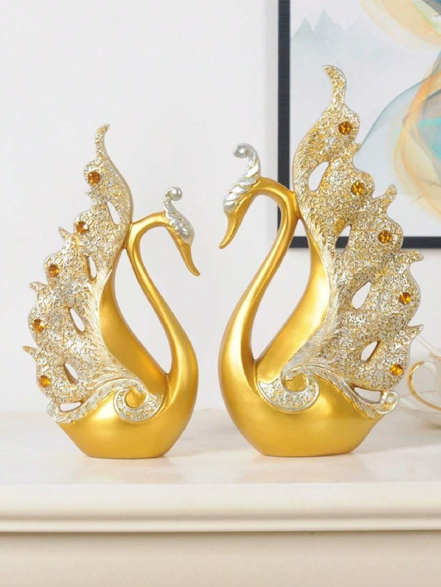 2 件金色水钻天鹅装饰,简约优雅家居桌面客厅入口奢华装饰品 - 彩色 - 查看 1
