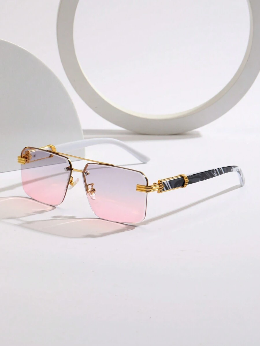 1 件女士金属钻石切割 3D 斜边半框多边形宝石纹理优雅时尚眼镜，适合日常佩戴或与朋友户外聚会，适合夏季海滩度假、户外、旅行 - 粉色 - 查看 1