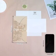 Wedding Invitation Card, Vertical Style With Ribbon, Creative Design With Hot Stamping And Hollow Out, Ins Style, 1set - Gold - View 2