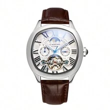 Caseno Waterproof Automatic Mechanical Watch With Roman Numerals, Moon Phase, Barrel Shape And Tourbillon - Silver - View 3