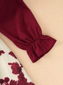 Tween Girls Sweet Retro Floral Print Lotus Leaf Long-Sleeved Square Neck Spring And Autumn Dress - Red - View 5