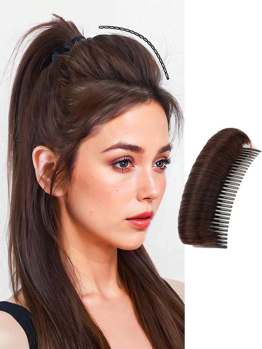 天然隱形增高毛絨髮墊,頭頂帶梳子,女士髮卡,頭饰,捲髮器,合適日常穿著的合成髮 - 棕色 - 查看 1