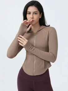 Sodalemon 女士保暖内衬卫衣，带拇指孔，前拉链，修身瑜伽和运动卫衣 - 摩卡棕 - 查看 2