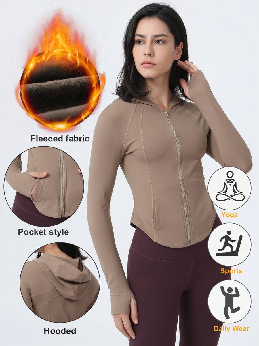 Sodalemon 女士保暖内衬卫衣，带拇指孔，前拉链，修身瑜伽和运动卫衣 - 摩卡棕 - 查看 1