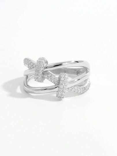 Vaerine 1pc Gorgeous Elegant Romantic Chic Creative 925 Silver Synthetic Zirconia Decorated Cross Knot Design Ring For Women, Suitable For Date, Show Charm Gift And Souvenir