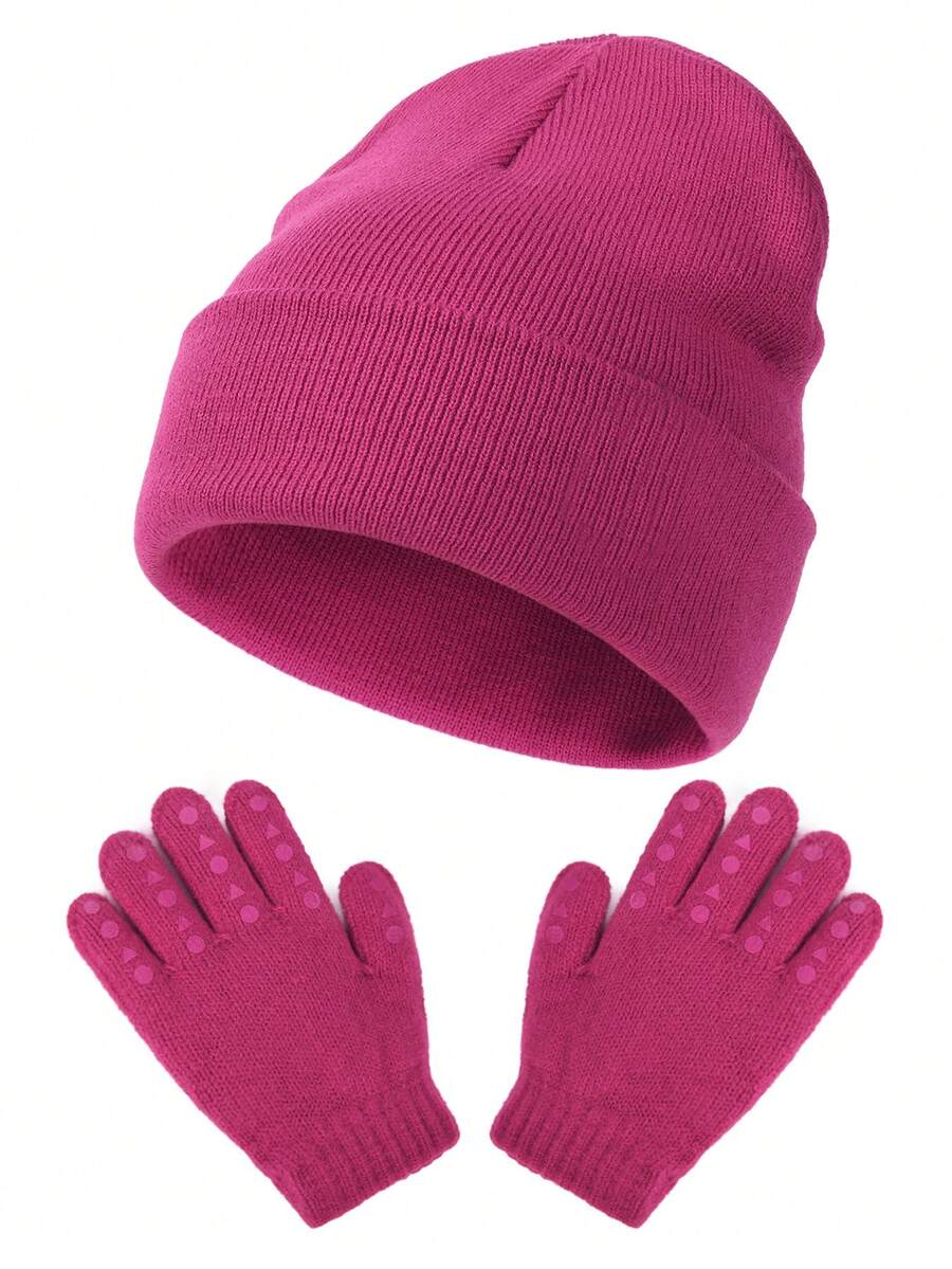 1set Unisex Kids' Warm Knitted Hat And Gloves Set In Purple Red For Fall And Winter - Red Violet - View 1