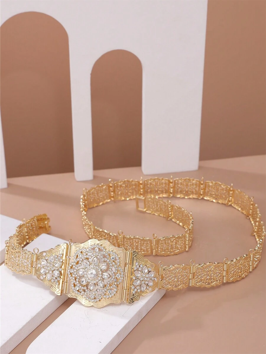 1個中空水晶花形金屬腰鏈,摩洛哥風格婚禮新娘裙腰帶,花瓣設計＆全鑽飾,可調節長度,身體珠寶 - 金色 - 查看 1