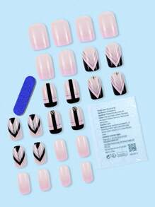 24入組粉色正方形法式優雅幾何鑲嵌假指甲，適用於派對、舞會或日常佩戴 - 按壓式指甲套裝指甲用品 - 粉色 - 查看 2