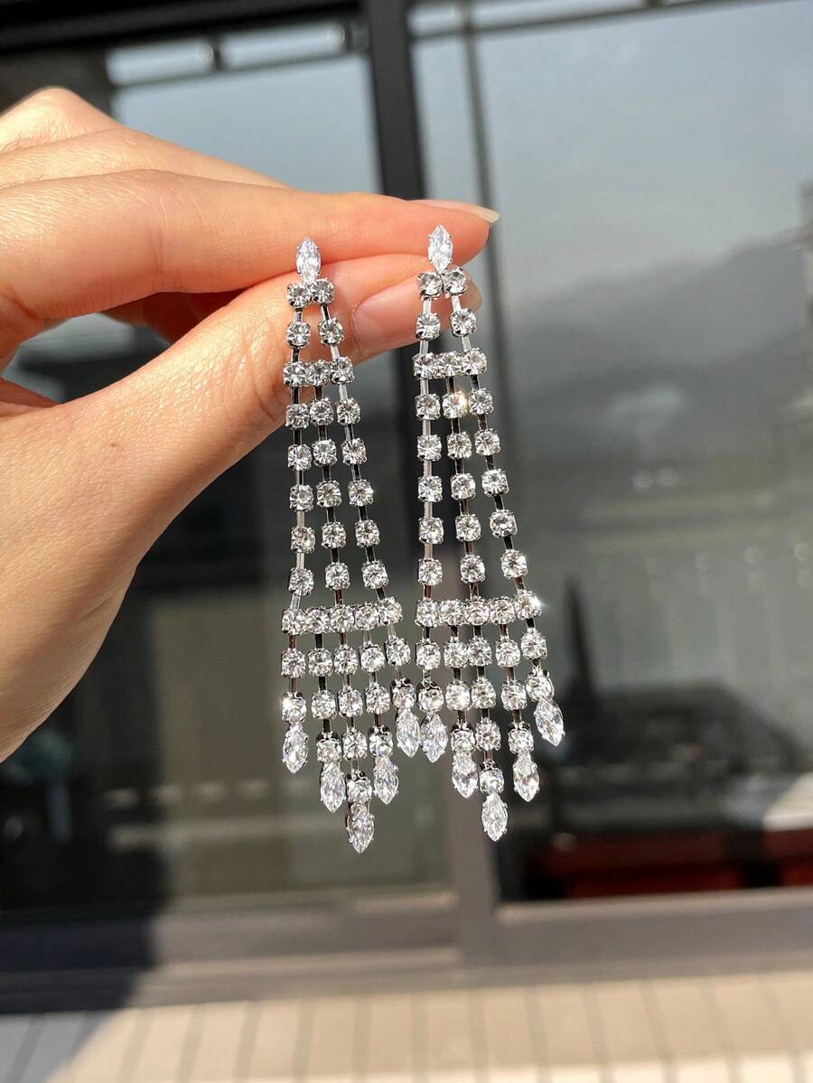 2 件波西米亚长流苏耳环女式立方镀银吊坠耳环新娘婚礼珠宝礼物送给女友妻子情侣情人节配饰 - 銀色 - 查看 1