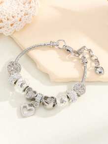 1pc Rhinestone Heart Charm Brass Bracelet For Women For Daily Decoration & Valentines. Valentines,Mom,Mother,Mother's Day,Gift