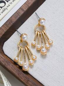 1對歐美時尚誇張流蘇水鑽珍珠拼接對稱珍珠耳環女 - 金黃色 - 查看 4