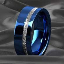 8mm 不锈钢蓝色、黑色、银色3种颜色可选，镶嵌陨石，适合情侣佩戴，佩戴舒适，适合结婚和订婚戒指 - 藍色 - 查看 4