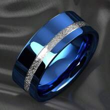 8mm 不锈钢蓝色、黑色、银色3种颜色可选，镶嵌陨石，适合情侣佩戴，佩戴舒适，适合结婚和订婚戒指 - 藍色 - 查看 8