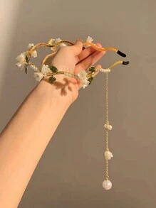 1款仿珍珠铃兰花水钻叶子合金流苏简约装饰女士发箍，优雅发带，发箍，发圈，发饰，头饰 - 金色 - 查看 3