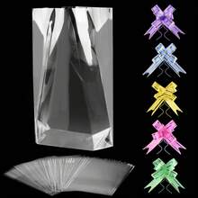 50入組20 X 30 厘米/15 X 25 厘米透明玻璃紙糖果袋,帶有50条色彩斑斓的拉結緞帶,可再封口的平整opp透明禮物包裝袋,適用於糖果、餅乾、甜點、爆米花等食品的包裝 - 透明15 x 25 cm - 查看 3