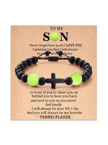 1 Piece Of Sports Style Personalized Black Matte Stone Beads Cross Beaded Bracelet Simple Rugby Tennis Softball Basketball Baseball Soccer Mom Hand-Woven Bracelet With Blessing Kraft Paper Card Suitable For Gift Giving To Son Or Daughter - Multicolor - View 11