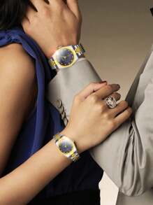 2 piezas/Set Relojes de cuarzo de acero minimalistas de moda para hombre y mujer con correa intercambiable como regalo para estudiantes que regresan a la escuela - Negro - Ver 2