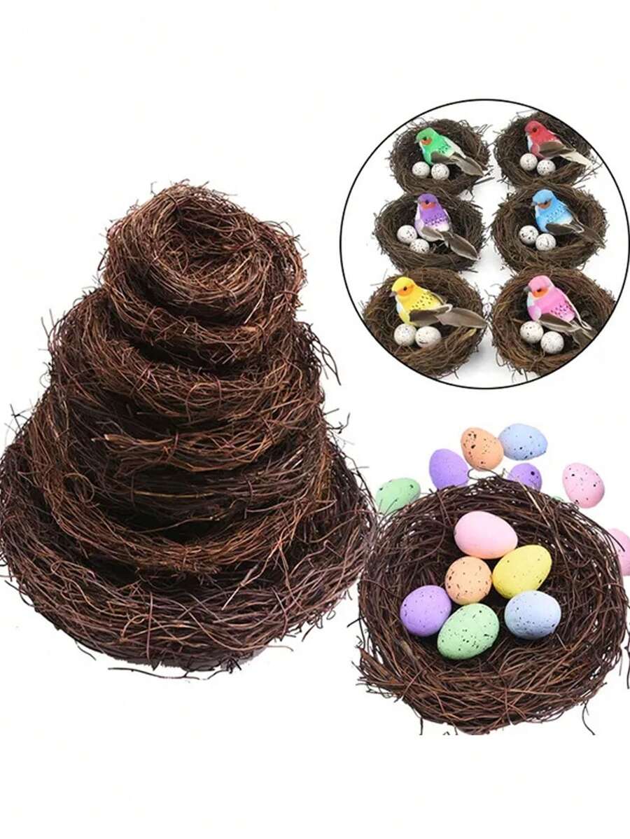 1入棕色柳條鳥巢帶有復活節蛋托,diy迷你人造泡棉鳥巢,復活節派對裝飾 - 棕色 - 查看 1