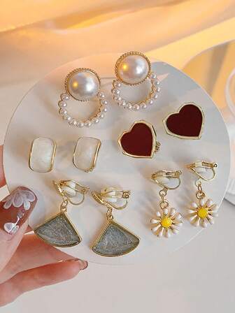 10入組豪華假珍珠心型和花型插耳耳環套裝，時尚貝殼裝飾吊墜耳環，紅色，復古愛情設計，非穿孔，適用於日常穿戴、假期和情人節禮物女士