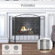 HOMCOM Salvachispas Plegable para Chimenea Pantalla Triple Protector para Estufas 3 Paneles con Bisagras 105x80,5 cm Estructura de Metal y Alambre Decorativo Negro - Negro - Ver 3