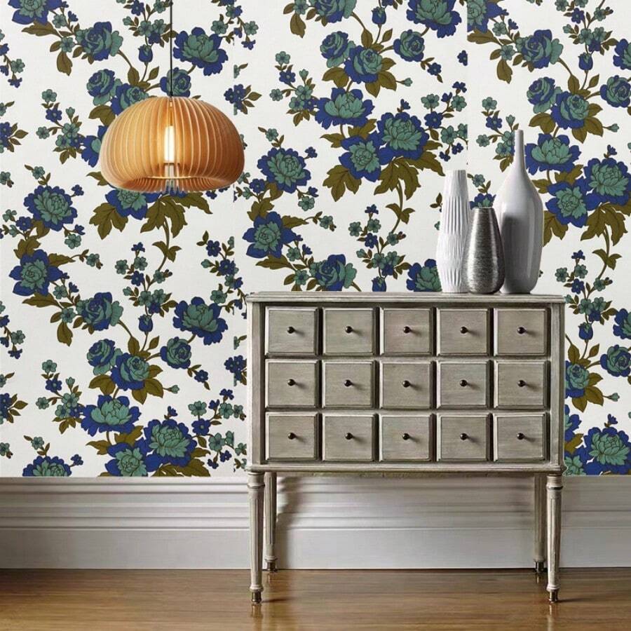 1卷花卉紋自粘壁紙,適用於房間/商店牆壁,易於安裝,具有防污和防水塗層 - 藏蓝色 - 查看 1