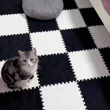 1套5入組黑白色毛絨泡沫拼版卧室地毯,適用於床頭,可洗且可剪裁的地毯或坐墊 - 黑色 - 查看 6