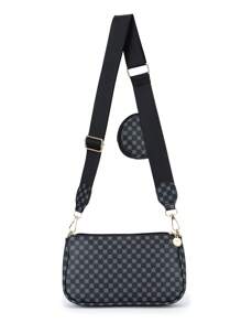 3入組復古花卉圖案斜挎包 - 黑色 - 查看 4