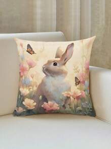 1 Funda De Almohada Cuadrada De Lino Con Diseño De Conejo De Estilo Moderno (45 Cm * 45 Cm / 17,72 Pulgadas * 17,72 Pulgadas), Diseño Simple Impreso En Un Solo Lado, Suave Y Cómodo, Ideal Como Decoración Del Hogar, Adecuado Para Pascua Y Uso Diario (almohada No Incluida) - Multicolor - Ver 1