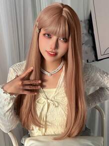 Black Long Straight Wigs For Women, Natural Black Synthetic Wigs With Bangs, Elegant Beautiful Natural Looking Heat Resistant Synthetic Wig Daily Party Use - 香檳色 - 查看 5