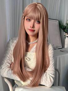 Black Long Straight Wigs For Women, Natural Black Synthetic Wigs With Bangs, Elegant Beautiful Natural Looking Heat Resistant Synthetic Wig Daily Party Use - 香檳色 - 查看 2