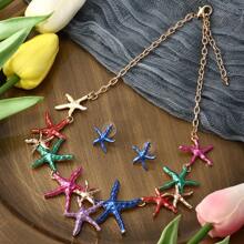 1 套/2 件波西米亞合金首飾套裝,搭配拼色海星琺瑯耳環和鏤空鎖骨項鍊,適合女士海灘個性化裝扮 - 星星 - 查看 12