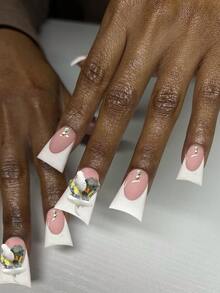 24 件按压式长鸭形指甲尖白色法式指甲，带 3D 蛇和心形水钻装饰，可重复使用软凝胶棒，12 种尺寸，包含 1 个果冻胶和 1 个指甲锉，适合女士和女孩美甲 - 彩色 - 查看 2